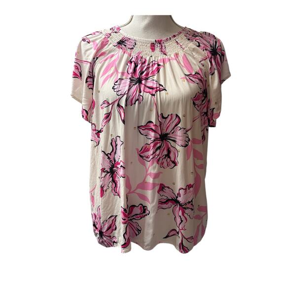 Harve Bernard Cream Pink Floral Top Large - Picture 1 of 3